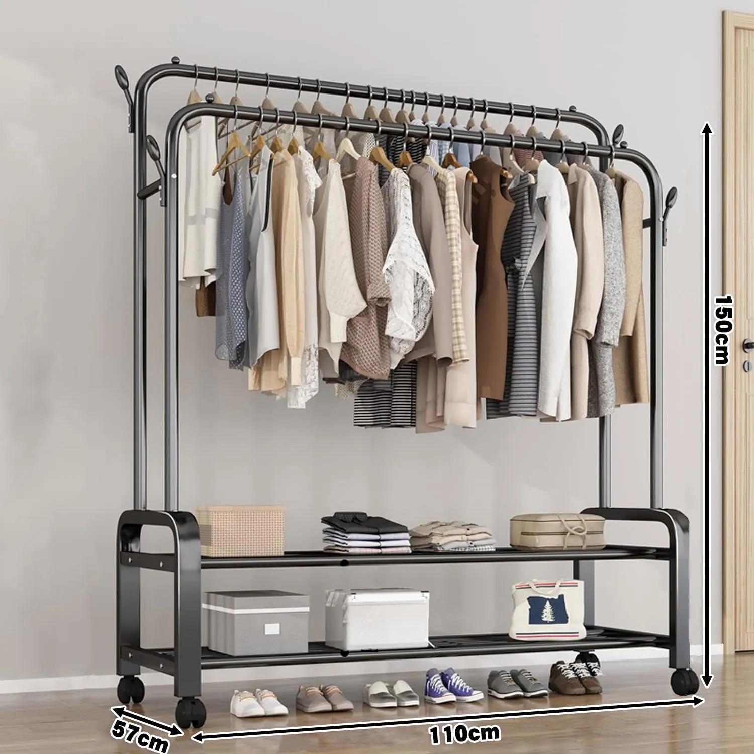 Portable Clothes Coat Garment Hanging Rack Shoe Storage Shelf Organizer Hanger