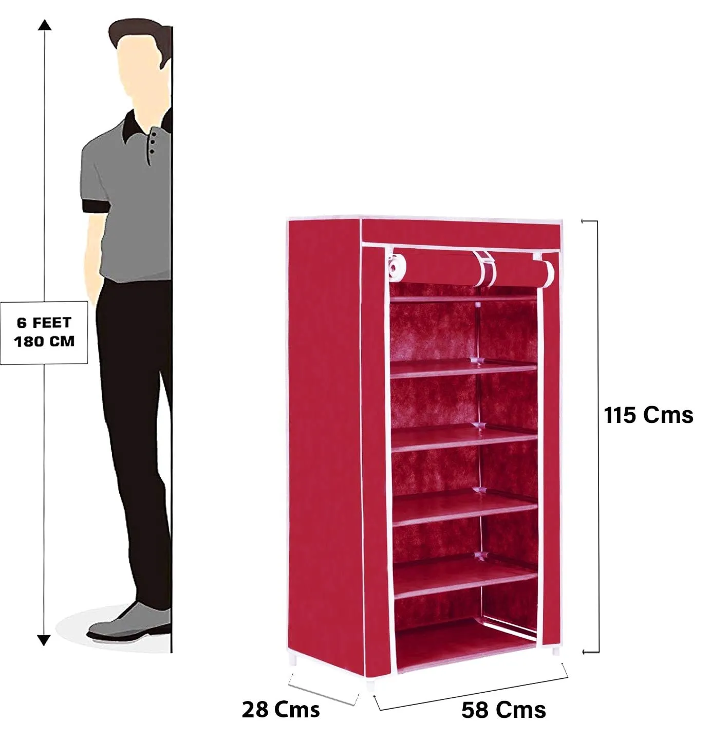 Premium 6 Shelves Shoe Rack/Multipurpose Storage Rack with Dustproof Cover (Iron Pipes, Non Woven Fabric, Plastic Connector) (Maroon)