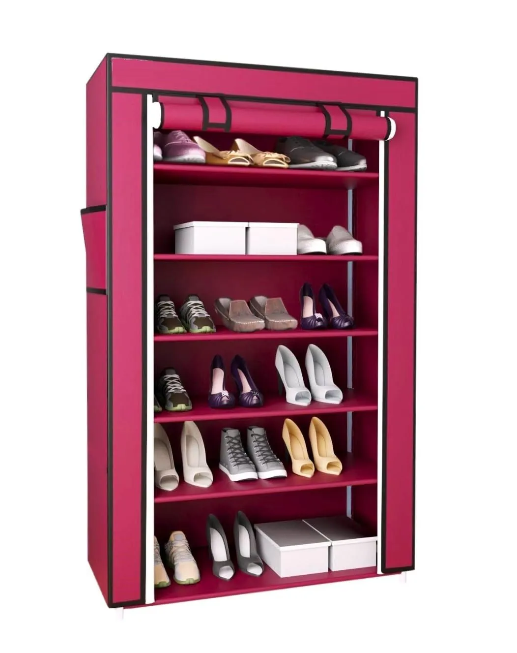 Premium 6 Shelves Shoe Rack/Multipurpose Storage Rack with Dustproof Cover (Iron Pipes, Non Woven Fabric, Plastic Connector) (Maroon)