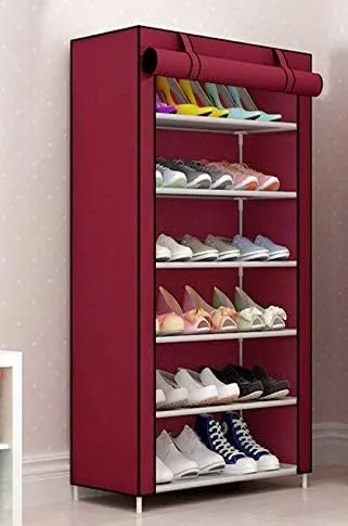 Premium 6 Shelves Shoe Rack/Multipurpose Storage Rack with Dustproof Cover (Iron Pipes, Non Woven Fabric, Plastic Connector) (Maroon)