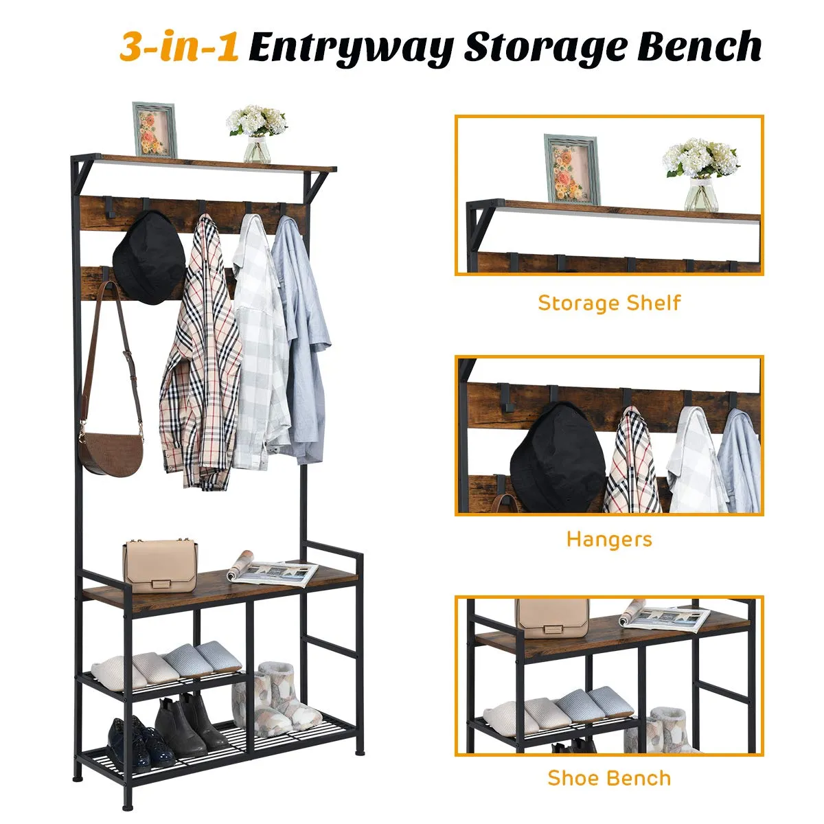 Tangkula Coat Rack Shoe Bench, 3-in-1 Industrial Hall Tree w/Storage Bench & 9 Hanging Hooks, 3-Tier Wood Look Entryway Bench w/Metal Frame