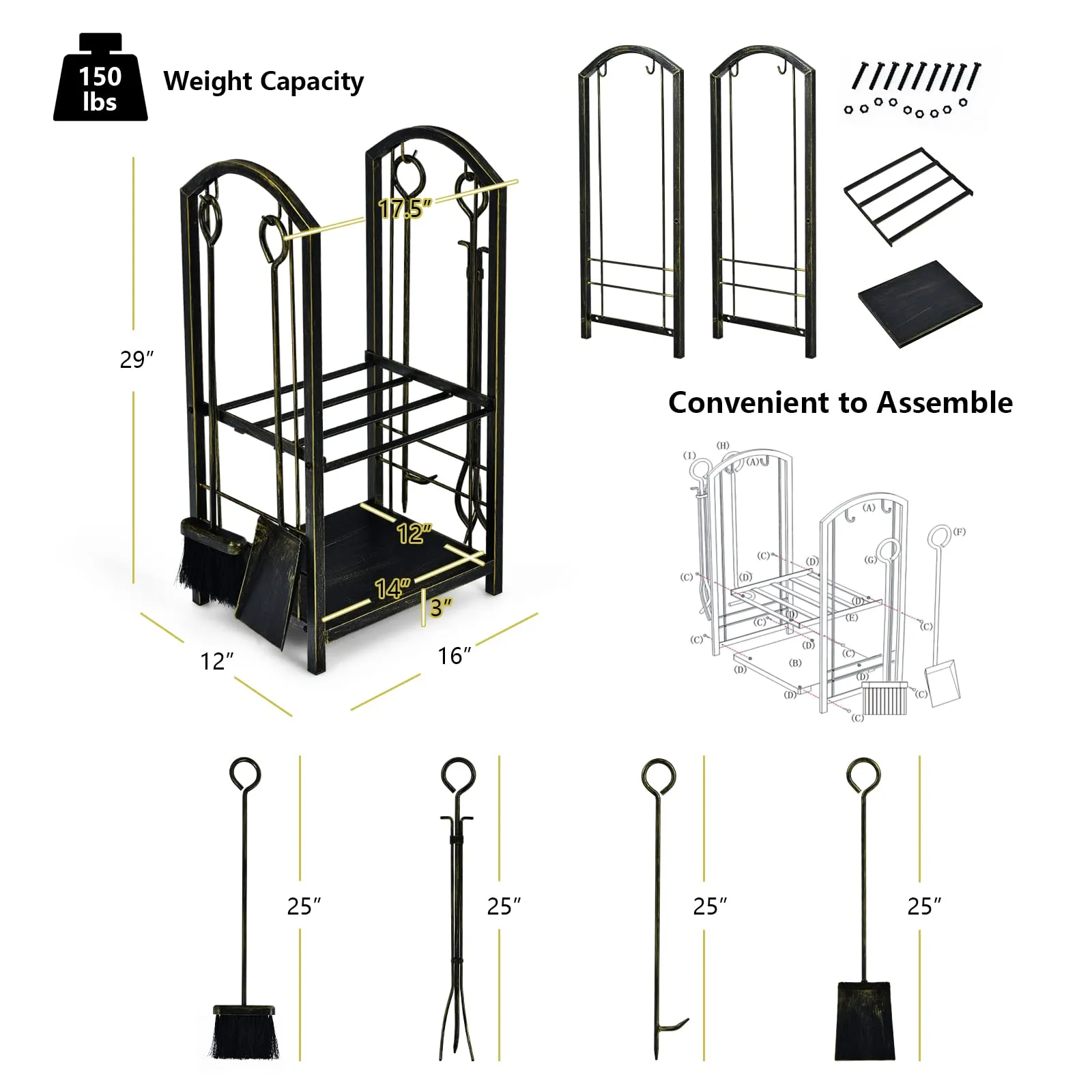 Tangkula Firewood Rack with 4 Fireplace Tools, Firewood Rack Bin Log Holder with Fireplace Tools Set