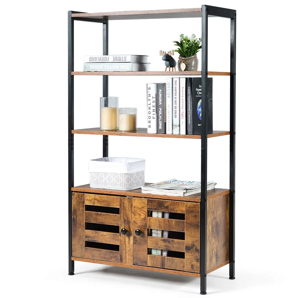 Tangkula Industrial Bookshelf and Bookcase, with 3 Shelves and 2 Louvered Doors,Rustic Brown