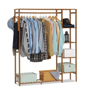 valiant Bamboo 6 Tiers Coat Pants Rack, Modern Closet Storage Wardrobe, Hat Hooks, Brown, for Bedroom