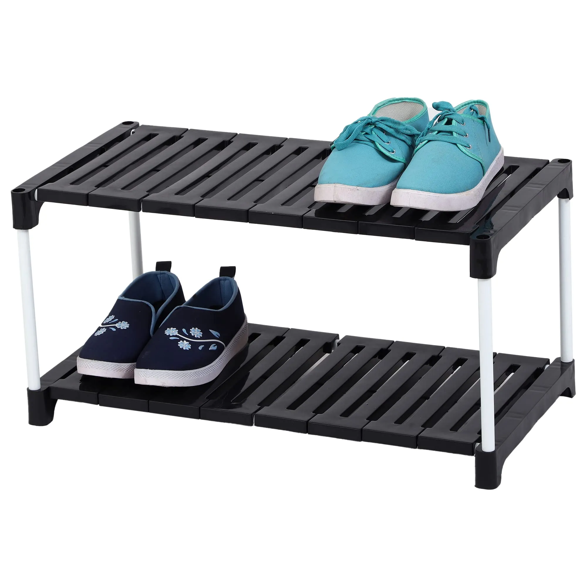 YMRR® Portable Shoe Rack Organizer - Metal Rod & Plastic Shelves | Adjustable & Space-Saving Stand | Multipurpose Storage for Shoes, Books, Clothes, Kitchen, Bathroom, (2 Steps, Black)