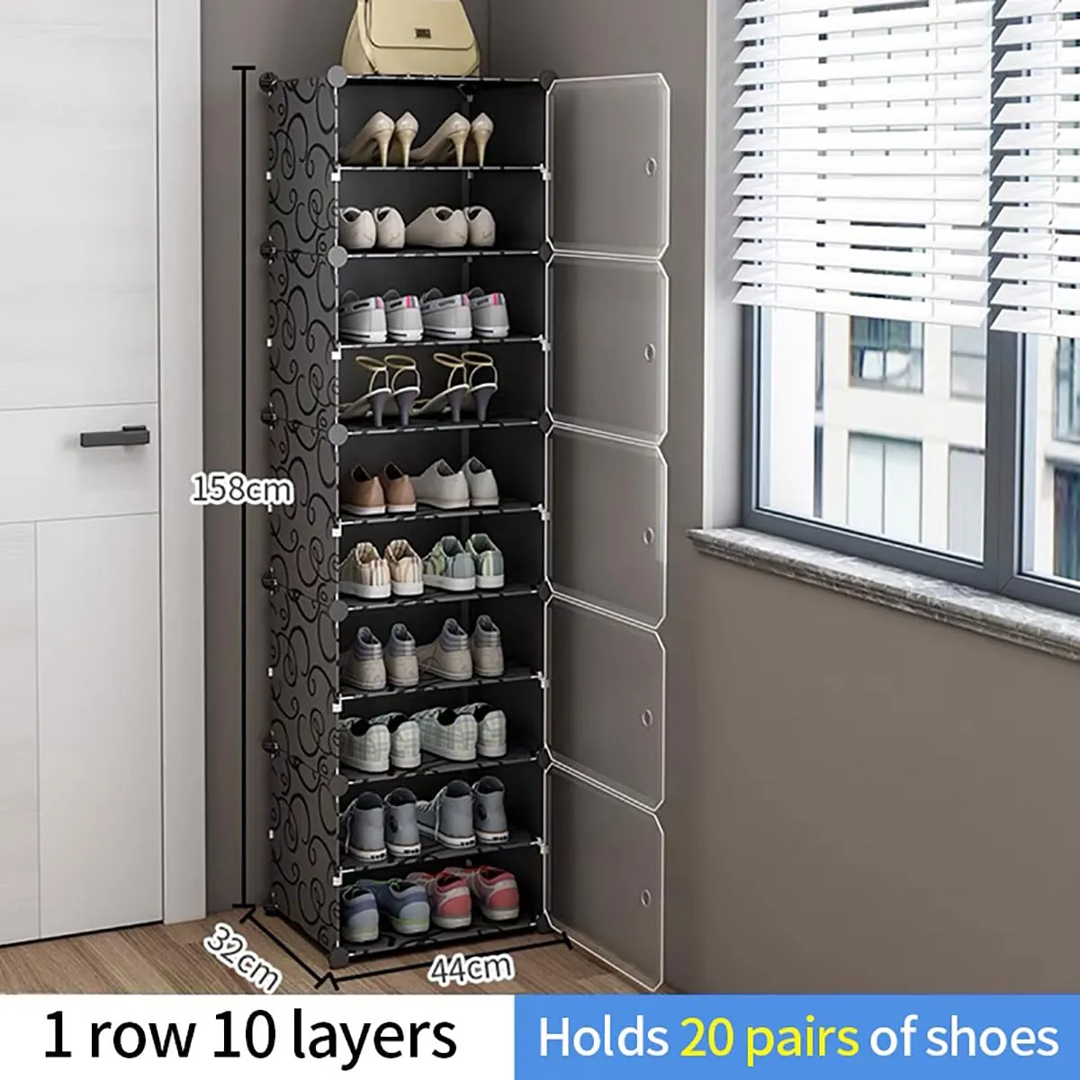 Zemic DIY Shoe Storage Cabinet, Plastic Shoe Rack Organiser to 30 Pair Shoes, foldable Shoe Storage with Shelves and Door for All Kinds of Shoes, Books, Toys and Clothing (10-Shelf, Black)